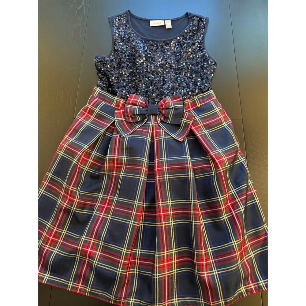 The Children's Place Sequin Plaid Dress Girls L 10/12 Blue Holiday Festive Party